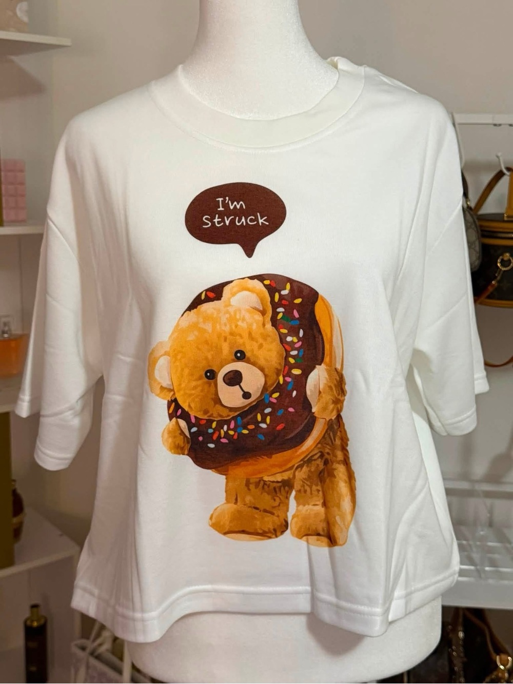 White 'I'm Struck' Bear & Donut Graphic Tee